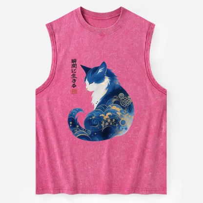 Tokyo-Tiger Retro Zen Cat: Living the Present Washed Tank