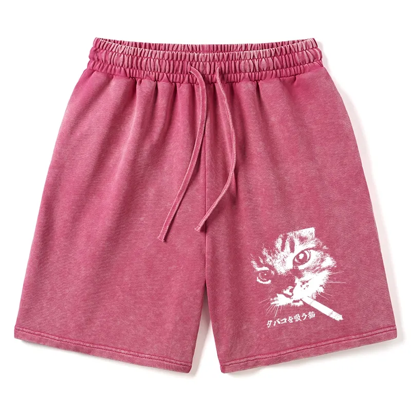 Tokyo-Tiger Retro Cat Smoking Washed Shorts