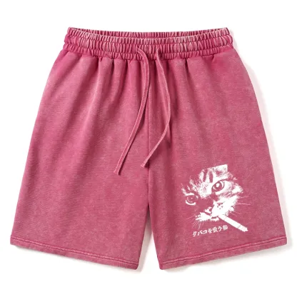 Tokyo-Tiger Retro Cat Smoking Washed Shorts