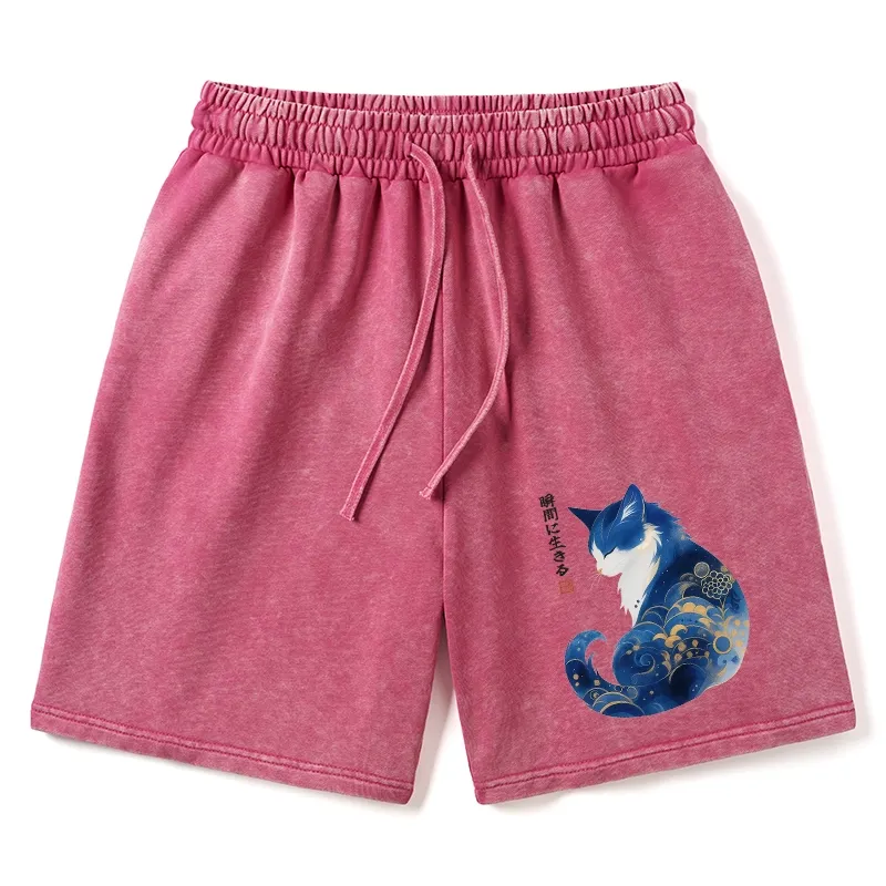 Tokyo-Tiger Retro Zen Cat: Living the Present Washed Shorts