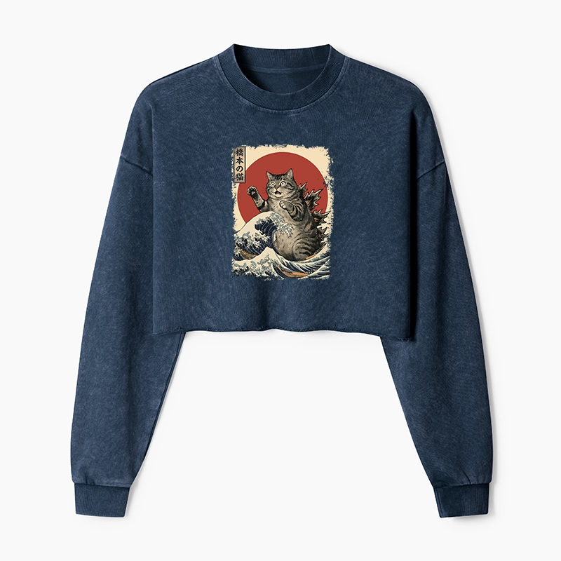 Tokyo-Tiger Catzilla Is Causing Destruction Washed Crop Sweatshirt