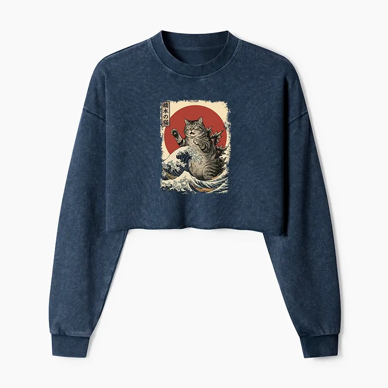 Tokyo-Tiger Catzilla Is Causing Destruction Washed Crop Sweatshirt