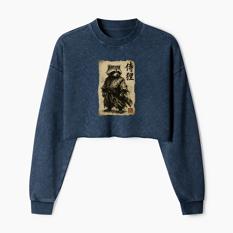 Tokyo-Tiger Retro Raccoon Samurai  Washed Crop Sweatshirt