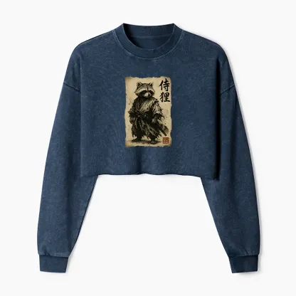 Tokyo-Tiger Retro Raccoon Samurai  Washed Crop Sweatshirt