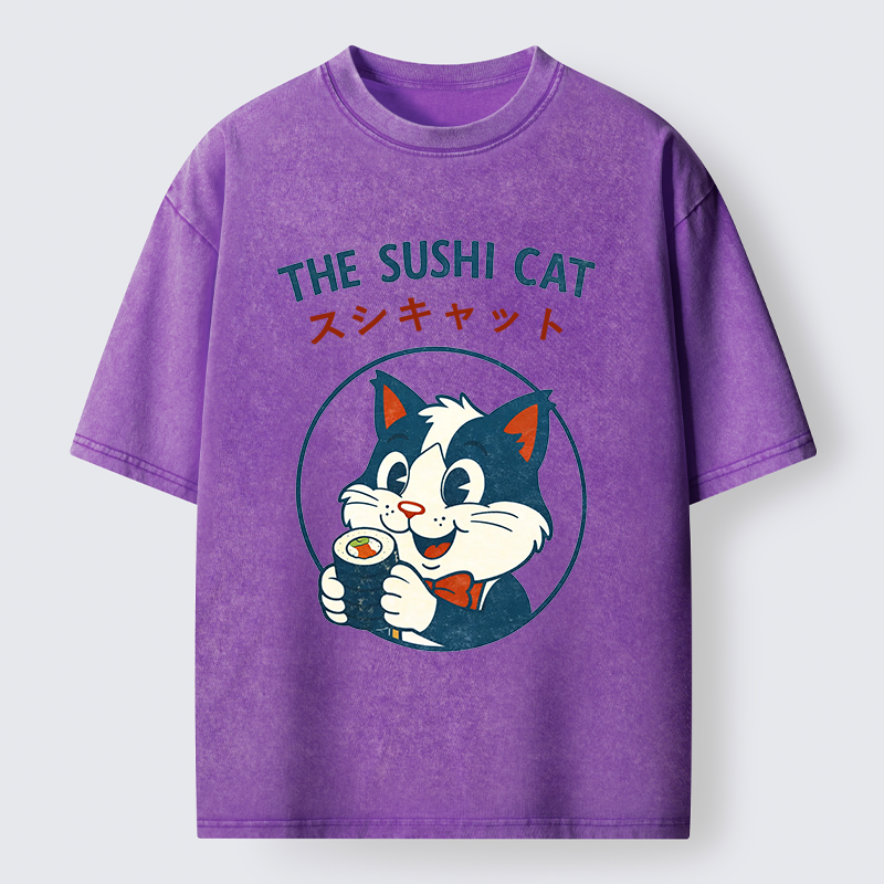 Tokyo-Tiger Cat Sushi Funny Washed T-Shirt