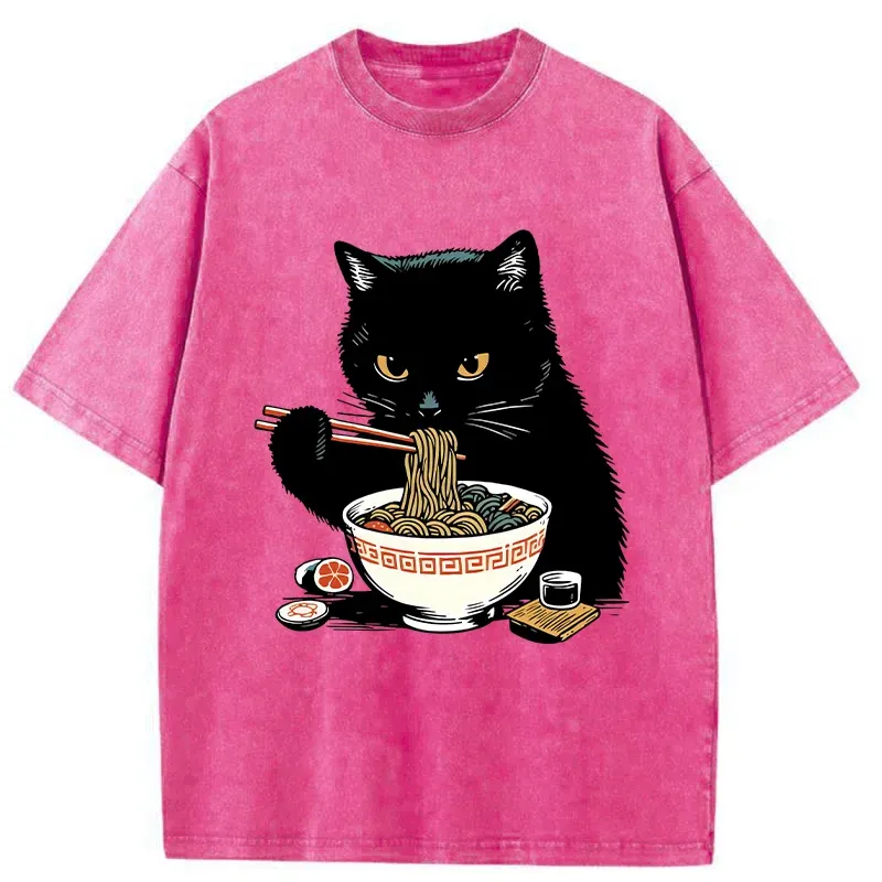 Tokyo-Tiger Cat Eating Favorite Ramen Washed T-Shirt