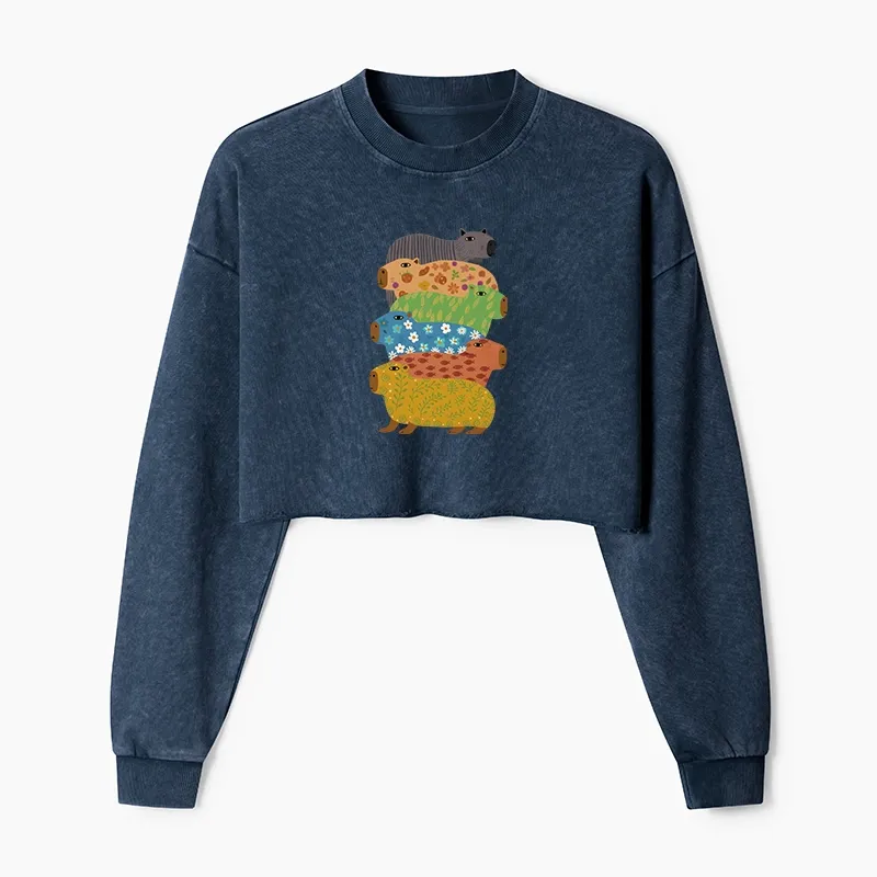 Tokyo-Tiger Colorful Capybaras Washed Crop Sweatshirt
