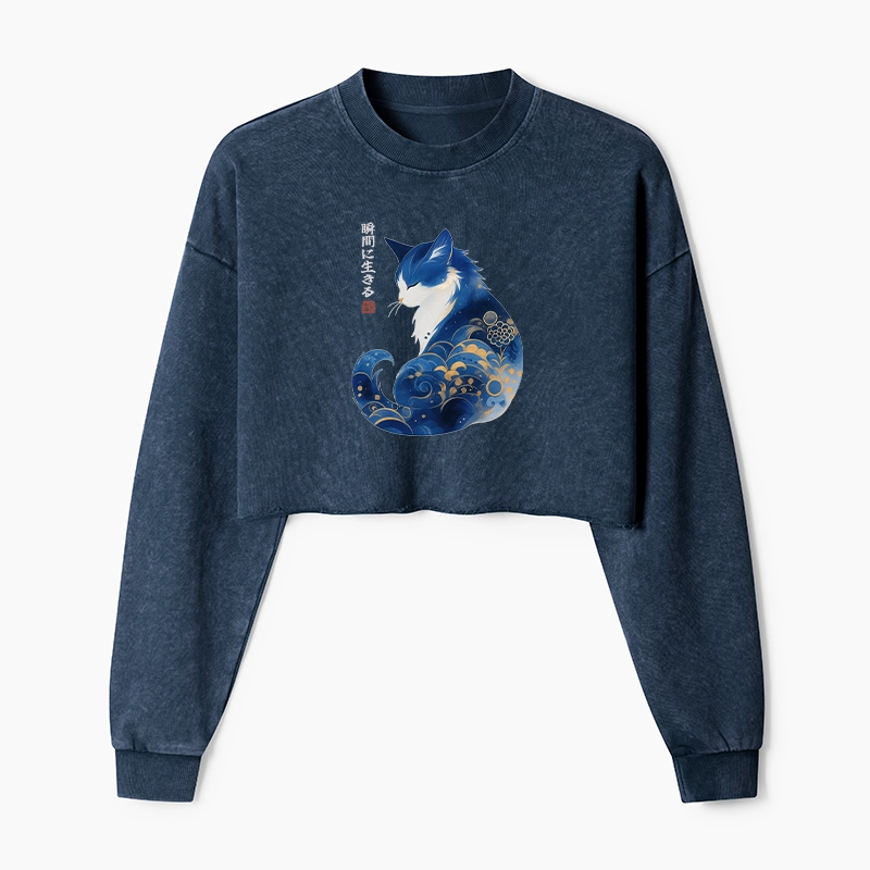 Tokyo-Tiger Retro Zen Cat: Living the Present Washed Crop Sweatshirt