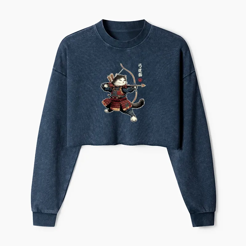 Tokyo-Tiger Kyudo Samurai Cat Washed Crop Sweatshirt