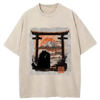 Tokyo-Tiger Mt. Fuji Guardian Cat Washed T-Shirt