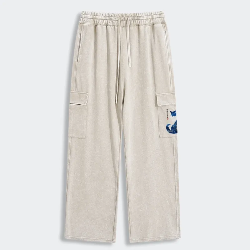 Tokyo-Tiger Retro Zen Cat: Living the Present Washed Utility Sweatpants