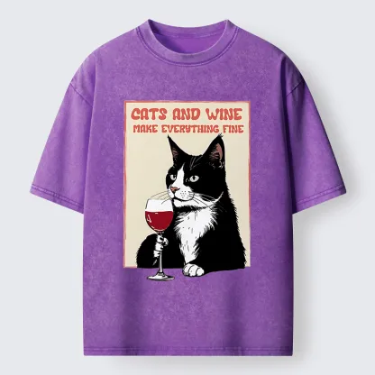 Tokyo-Tiger Tuxedo Cat Drinking Funny Washed T-Shirt