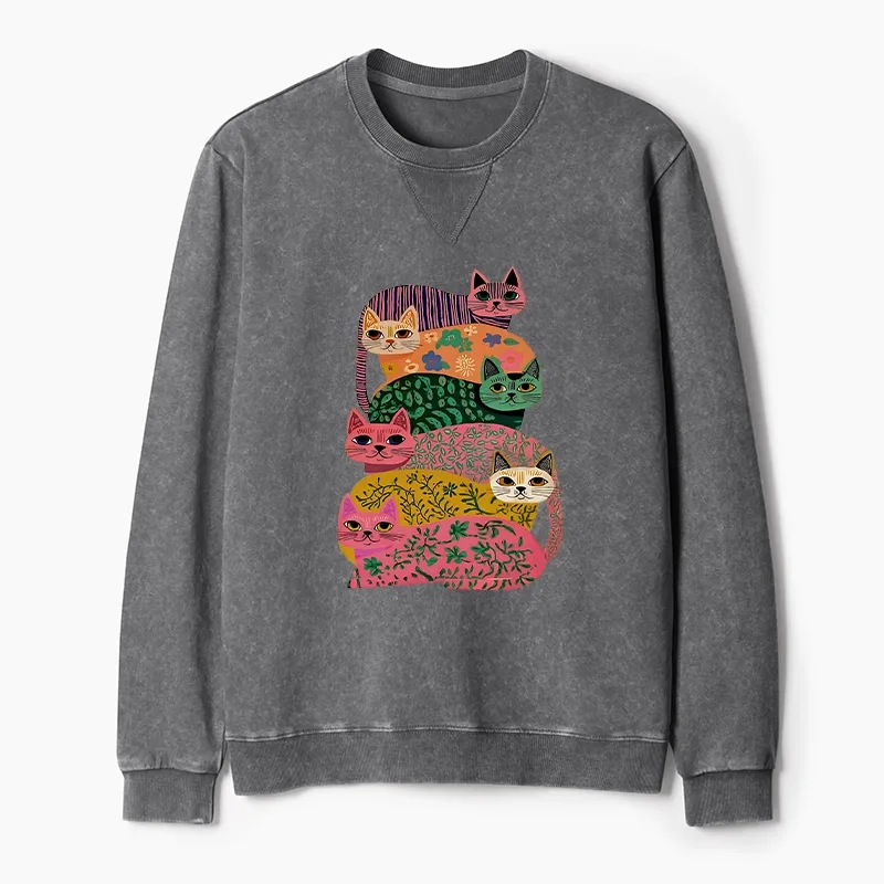 Tokyo-Tiger Colorful Cats Washed Terry Sweatshirt