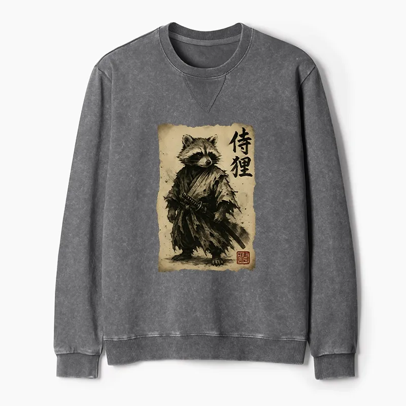 Tokyo-Tiger Retro Raccoon Samurai Washed Terry Sweatshirt