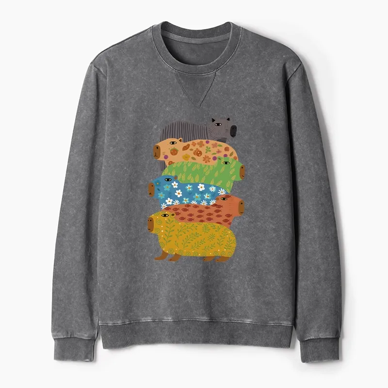 Tokyo-Tiger Colorful Capybaras Washed Terry Sweatshirt