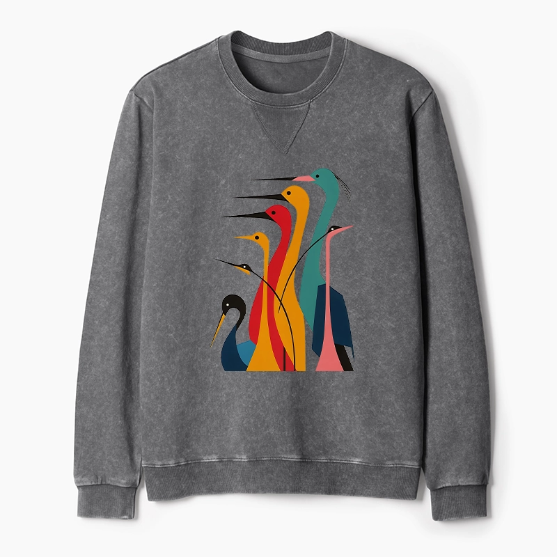 Tokyo-Tiger Various Types Of Cranes Washed Terry Sweatshirt