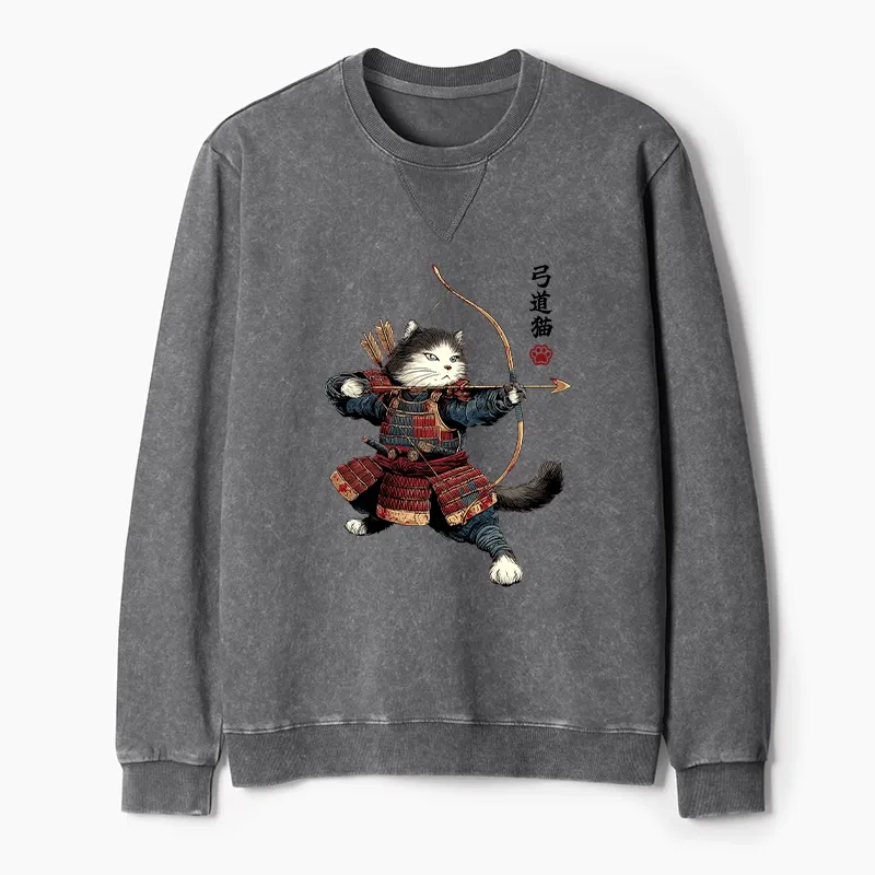 Tokyo-Tiger Kyudo Samurai Cat Washed Terry Sweatshirt