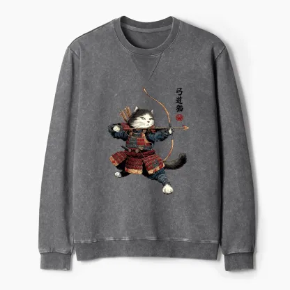 Tokyo-Tiger Kyudo Samurai Cat Washed Terry Sweatshirt