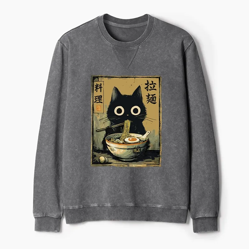 Tokyo-Tiger Cute Black Cat Eating Ramen Japan Washed Terry Sweatshirt