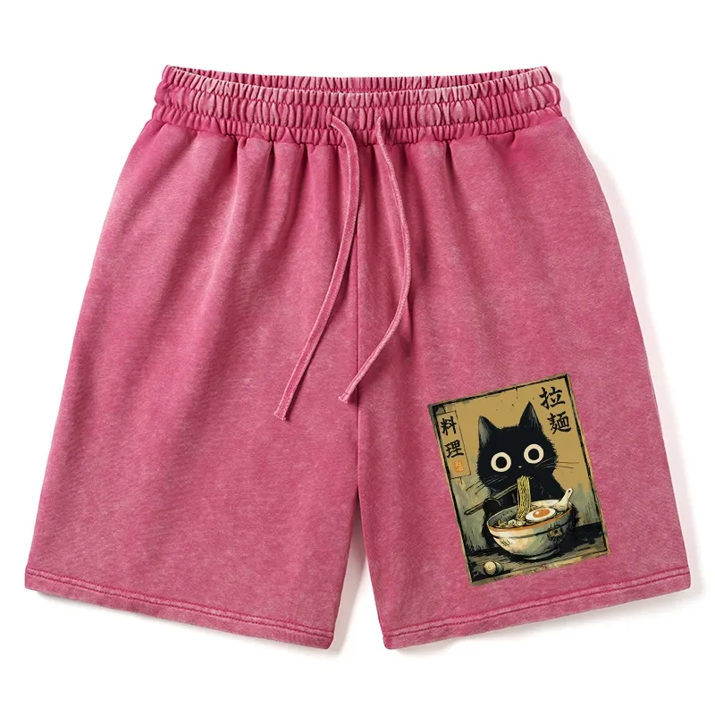 Tokyo-Tiger Cute Black Cat Eating Ramen Japan Washed Shorts