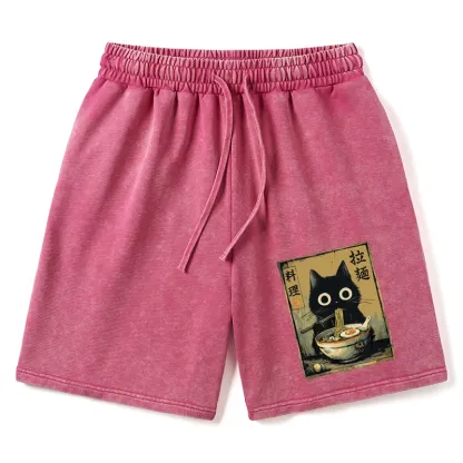 Tokyo-Tiger Cute Black Cat Eating Ramen Japan Washed Shorts