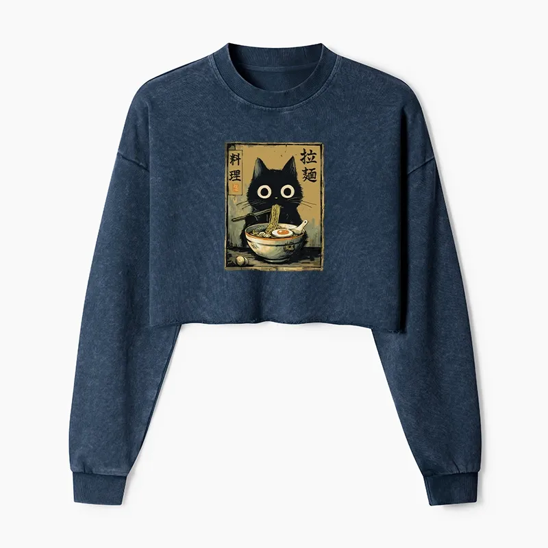 Tokyo-Tiger Cute Black Cat Eating Ramen Japan Washed Crop Sweatshirt