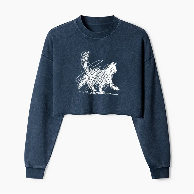 Tokyo-Tiger Minimalist Cat Art Washed Crop Sweatshirt