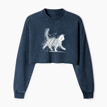 Tokyo-Tiger Minimalist Cat Art Washed Crop Sweatshirt