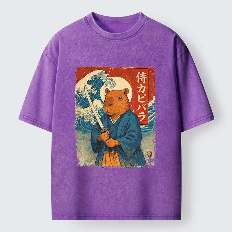 Tokyo-Tiger Capybara Japanese Samurai And Wave Washed T-Shirt