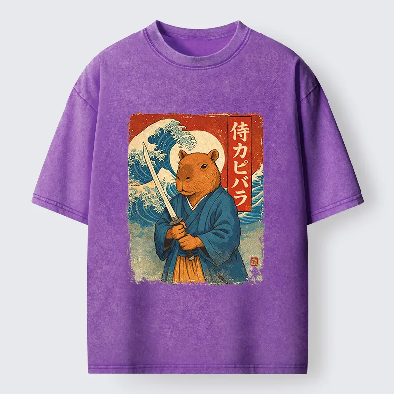 Tokyo-Tiger Capybara Japanese Samurai And Wave Washed T-Shirt
