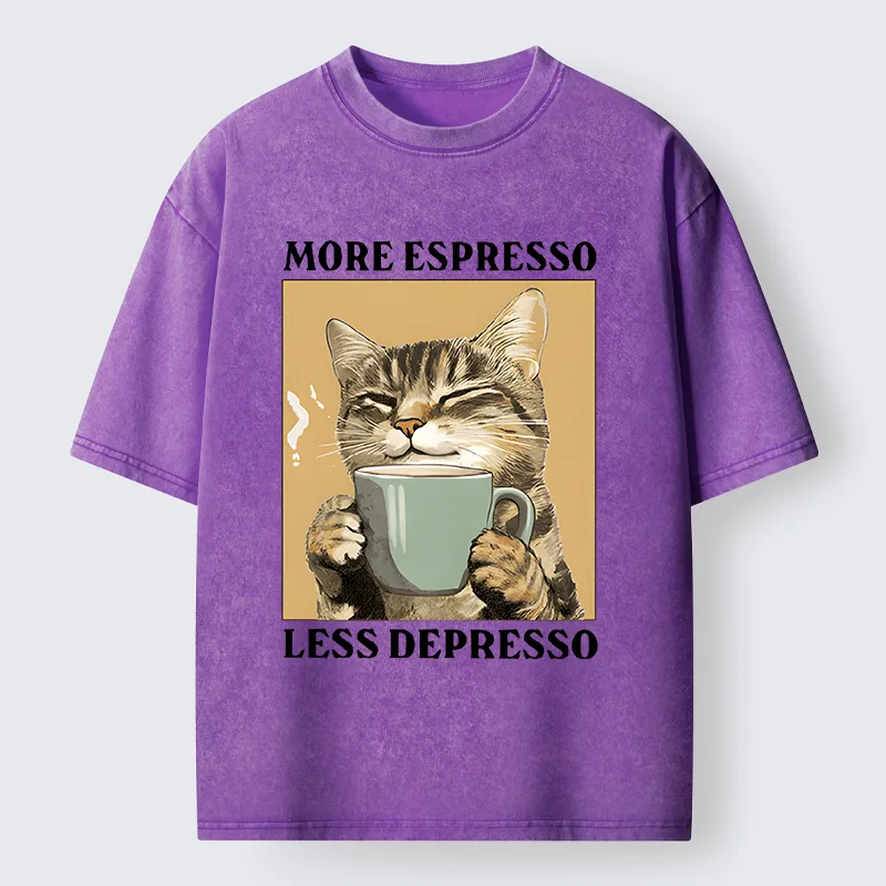 Tokyo-Tiger Cute Cat Drinking Coffee Washed T-Shirt