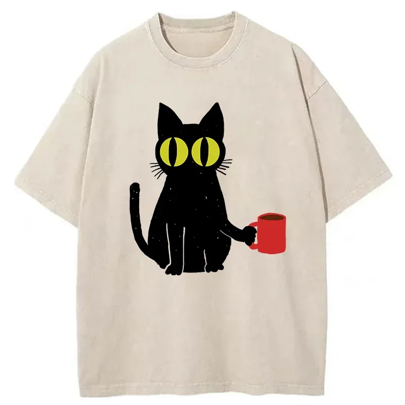 Tokyo-Tiger Cat Holding Coffee Washed T-Shirt