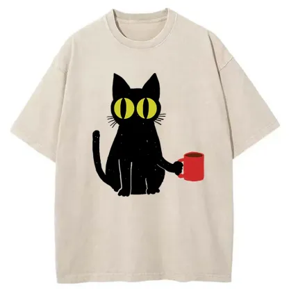 Tokyo-Tiger Cat Holding Coffee Washed T-Shirt