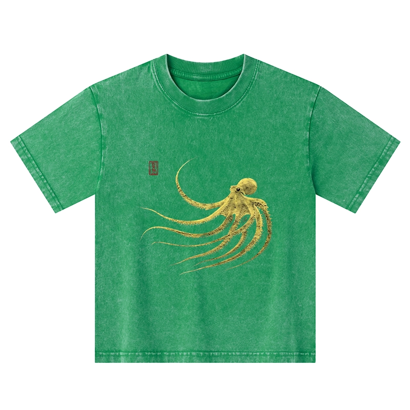 Tokyo-Tiger Retro Octopus Japanese Kids Washed T-Shirt