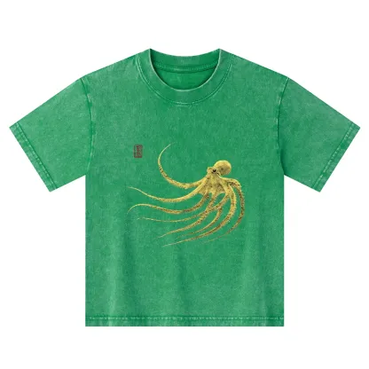 Tokyo-Tiger Retro Octopus Japanese Kids Washed T-Shirt