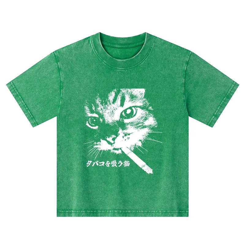 Tokyo-Tiger Retro Cat Smoking Kids Washed T-Shirt