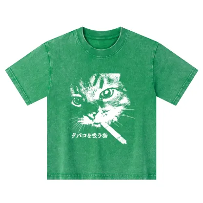 Tokyo-Tiger Retro Cat Smoking Kids Washed T-Shirt