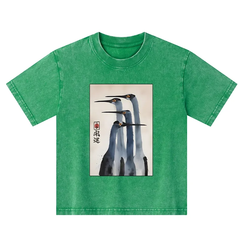 Tokyo-Tiger Retro Sandhill Crane Kids Washed T-Shirt