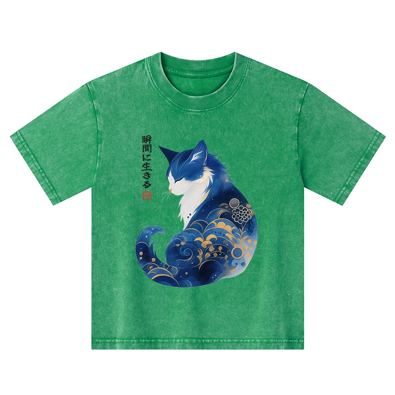 Tokyo-Tiger Retro Zen Cat: Living the Present Kids Washed T-Shirt