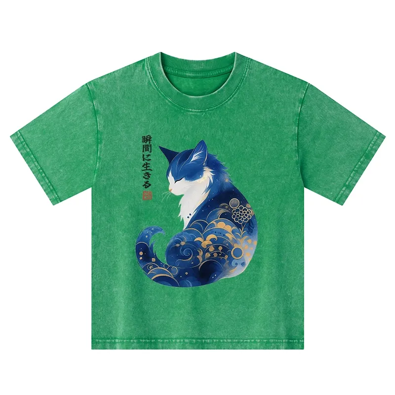 Tokyo-Tiger Retro Zen Cat: Living the Present Kids Washed T-Shirt