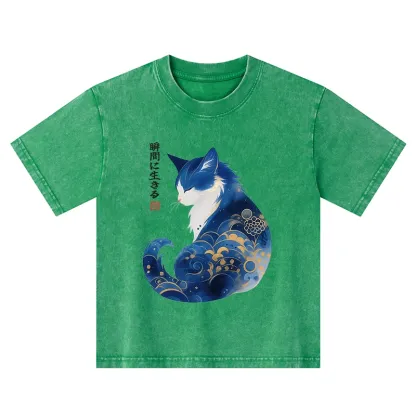 Tokyo-Tiger Retro Zen Cat: Living the Present Kids Washed T-Shirt