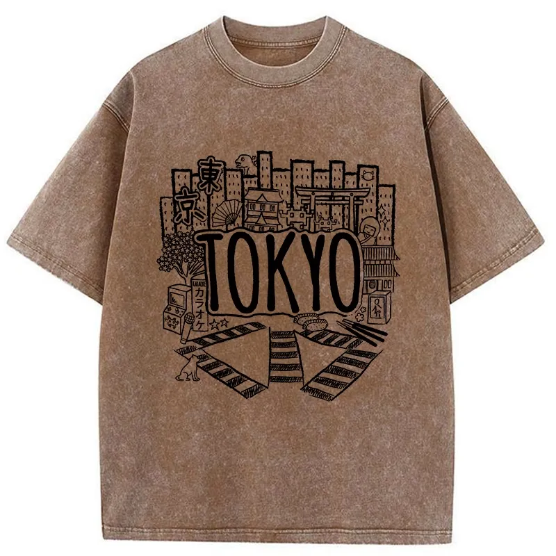 Tokyo-Tiger Cityscape Of Tokyo Washed T-Shirt