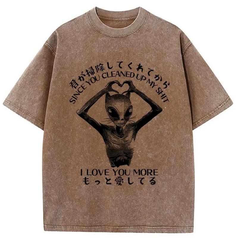 Tokyo-Tiger Funny Alien Cat Love Washed T-Shirt