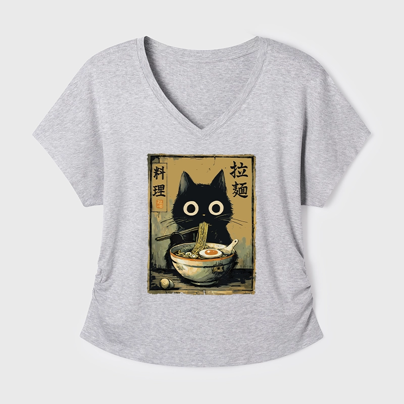 Tokyo-Tiger Cute Black Cat Eating Ramen Japan Modal Dolman Sleeve T-Shirt