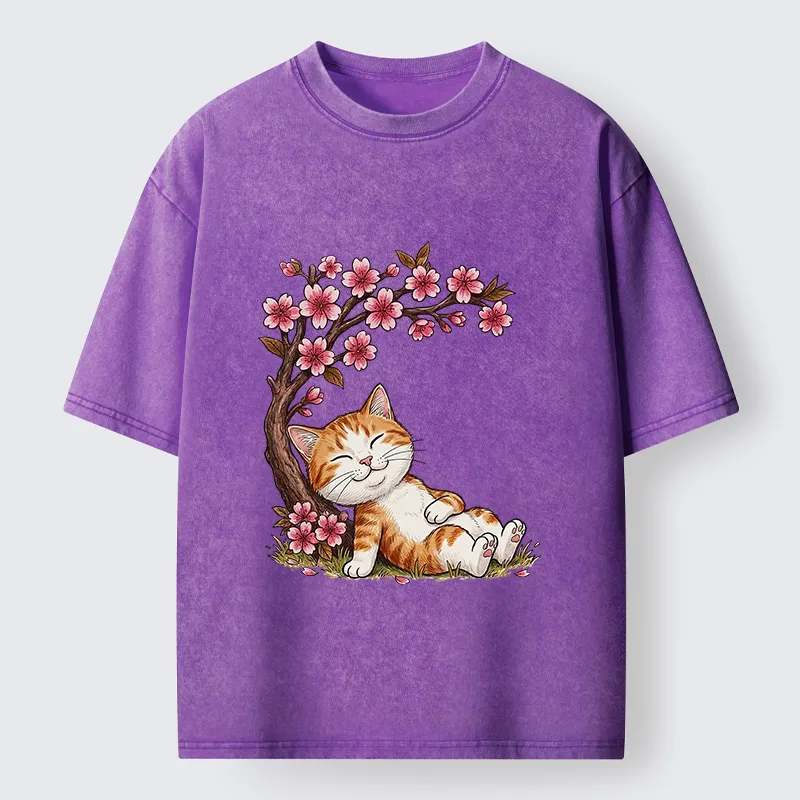 Tokyo-Tiger Cat Sleeps Under Sakura Washed T-Shirt