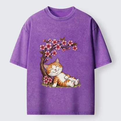Tokyo-Tiger Cat Sleeps Under Sakura Washed T-Shirt