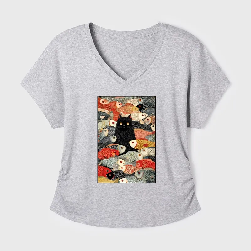 Tokyo-Tiger Cats And Fish Dolman Sleeve T-Shirt