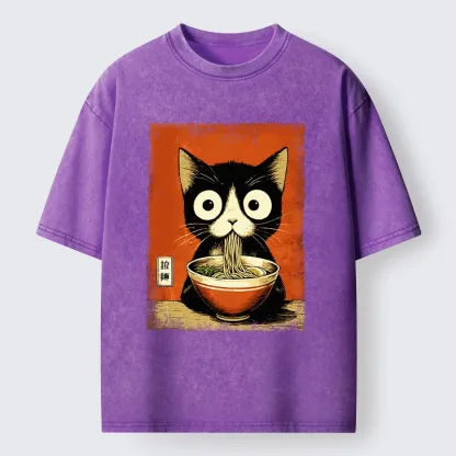Tokyo-Tiger Ramen Loving Black Cat Washed T-Shirt