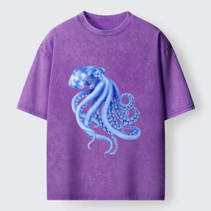 Tokyo-Tiger Retro Blue Octopus Washed T-Shirt