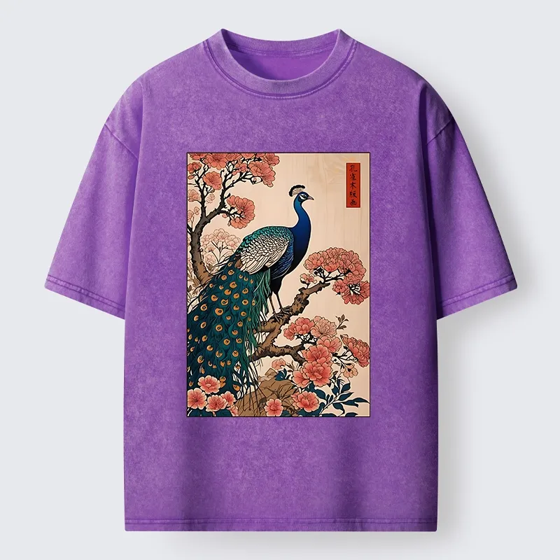 Tokyo-Tiger Vintage Peacock Woodblock Print Washed T-Shirt